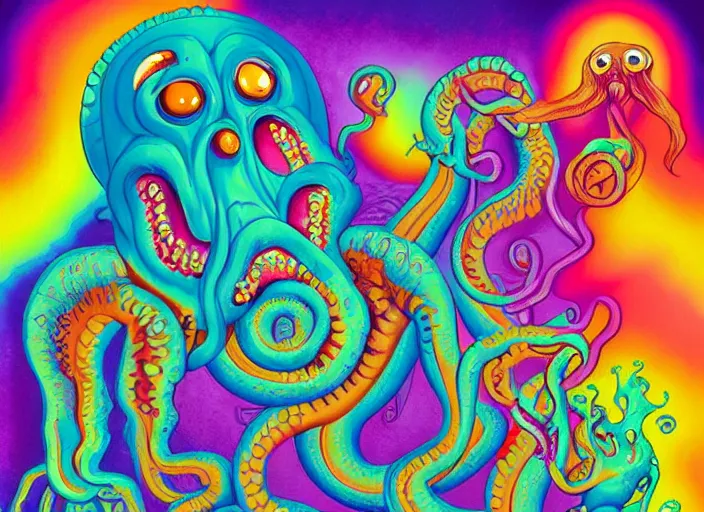 Image similar to lovecraftian grotesque fleshy hellscape artwork by Lisa Frank