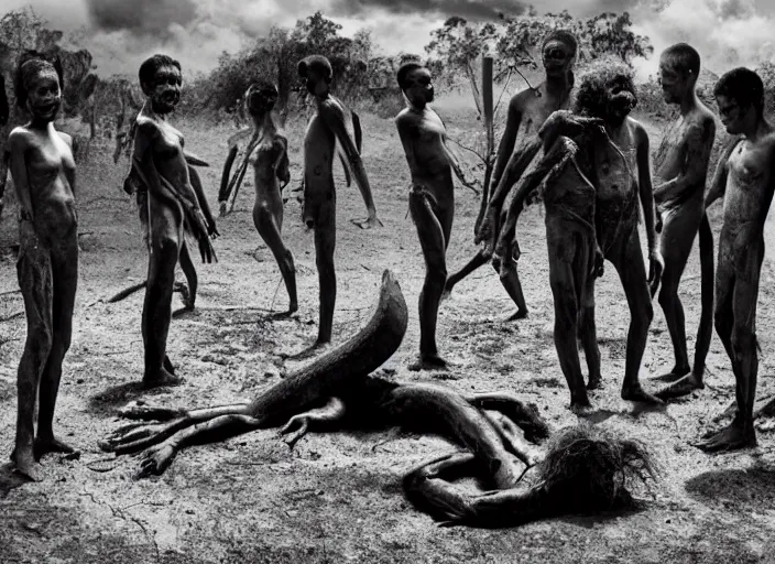 Image similar to sensual scene from art house film by alejandro jodorowsky, roger ballen, surreal dance scene of ritual in a picturesque outdoors setting, ashes, new guinea mud man, costumes, snakes, smoke, close - up of the actors'faces, sharp, medium format 6 x 6, 1 6 k