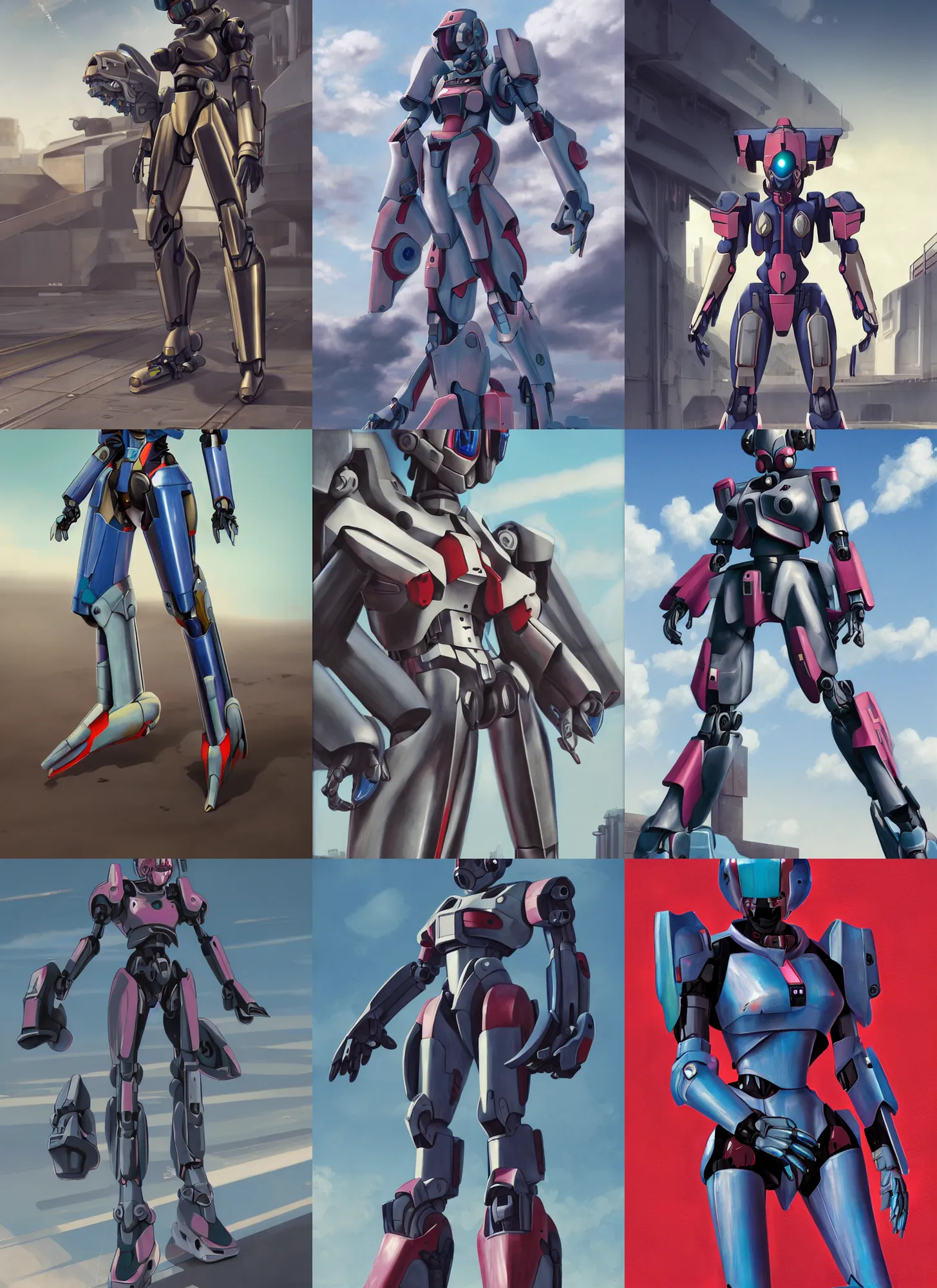 Prompt: female mecha pilot wearing bubblegum crisis power armor standing on a tarmac, daylight matte painting, brutalist painting, battle angel, single character full body, illustration, concept art, rule of thirds, centered, Very highly detailed, 8K, octane, Digital painting, the golden ratio, rational painting, sharp