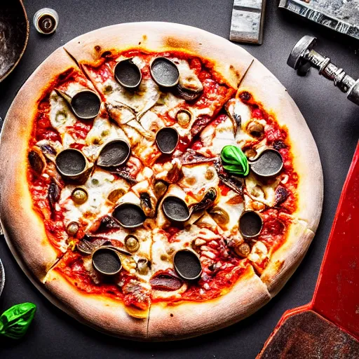 Image similar to Proper Italian pizza with river stones and metal screws, morning hard light, professional food photography, 80mm, top down