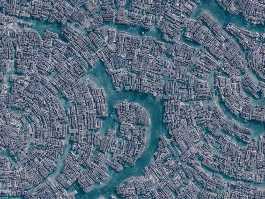 Image similar to satellite photo of a futuristic advanced alien city, detailed, 4 k