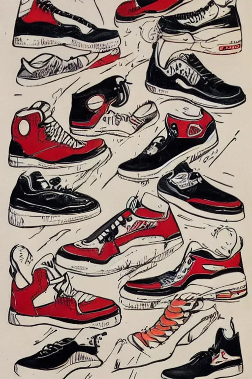 Image similar to Jordan shoes in the style of a 50s by Frank Hampson and mcbess, 1950s