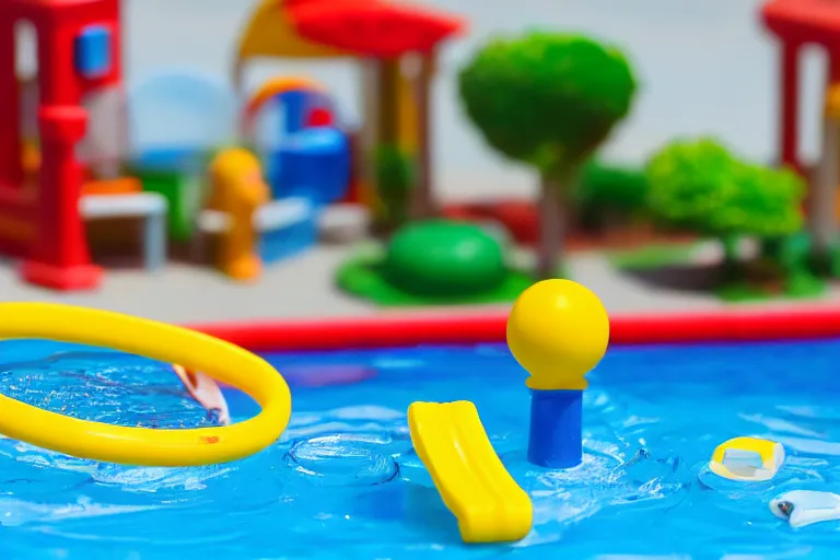 Prompt: fisher price public pool, california, in 2 0 1 5, perfect sharp focus, scene from tv show hyper detailed 5 5 mm 8 5 mm, toy photography, made out of plastic