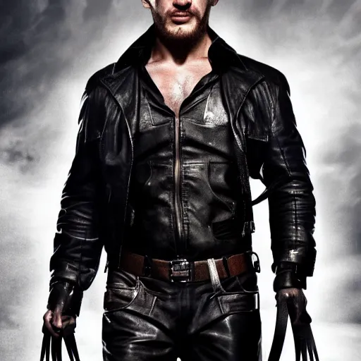 Prompt: Tom Hardy as wolverine in Black Damaged leather suit Digital art 4K quality