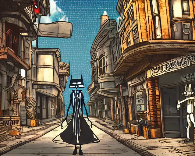 Image similar to digital artwork of humanoid alien walking along a steampunk style city street