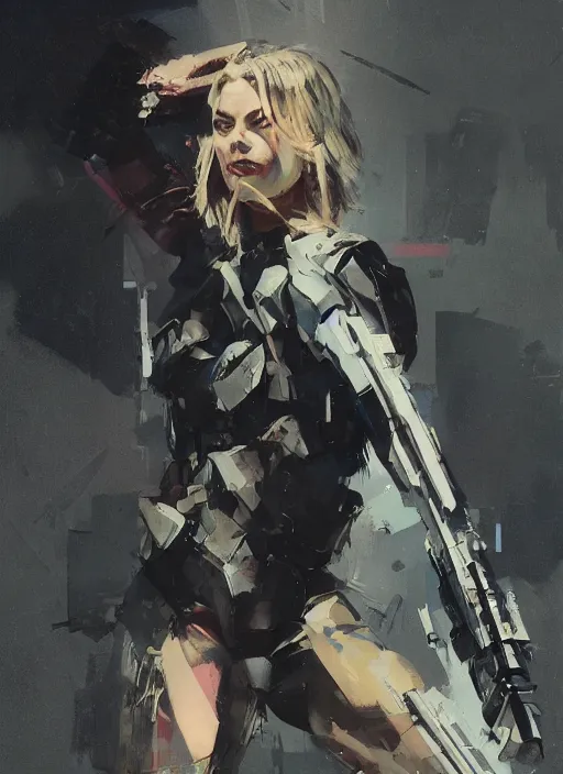 Image similar to Margot Robbie wearing metal gear armor holding gun dramatic lighting art by Yoji Shinkawa by Richard Schmid by greg rutkowski by Sandra Chevrier by Jeremy Lipking cinematic dramatic