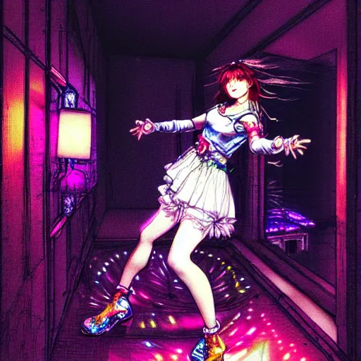 Prompt: cute girl wearing a white girl dancing joyfully in her bedroom at night, cyberpunk lighting, illustrated by ayami kojima