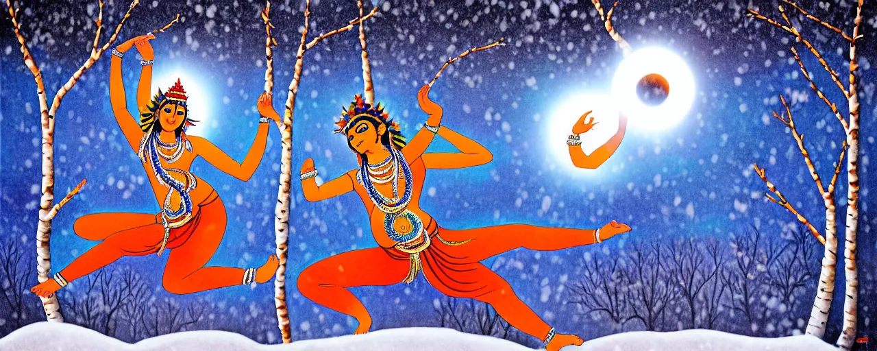 Prompt: nataraja dancing in a winter birch grove and raising snow clouds during a solar eclipse, visionary art style