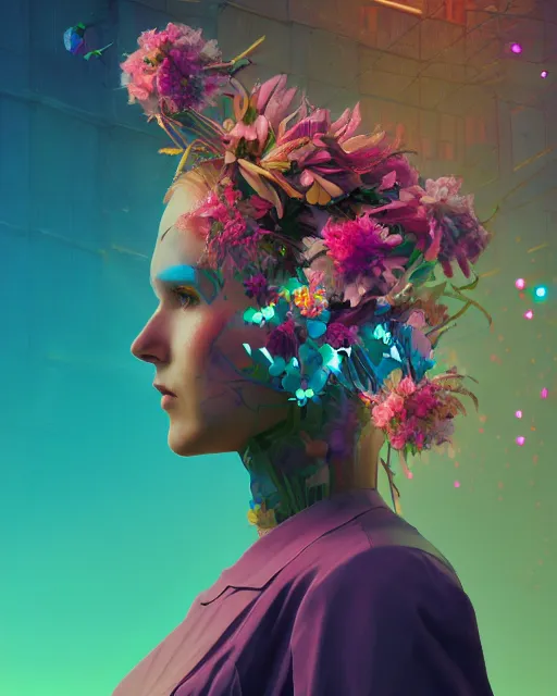 Image similar to a digital painting of a woman with flowers in her hair, cyberpunk art by beeple, behance contest winner, retrofuturism, voxel art, # pixelart, dystopian art