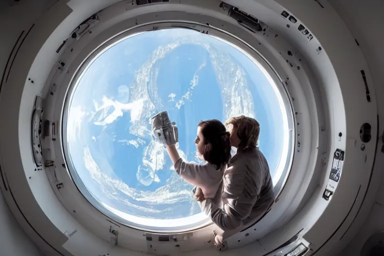 Image similar to sci-fi scene of space tourists in glamourous spaceship bedroom looking out large circular window at earth orbit By Emmanuel Lubezki