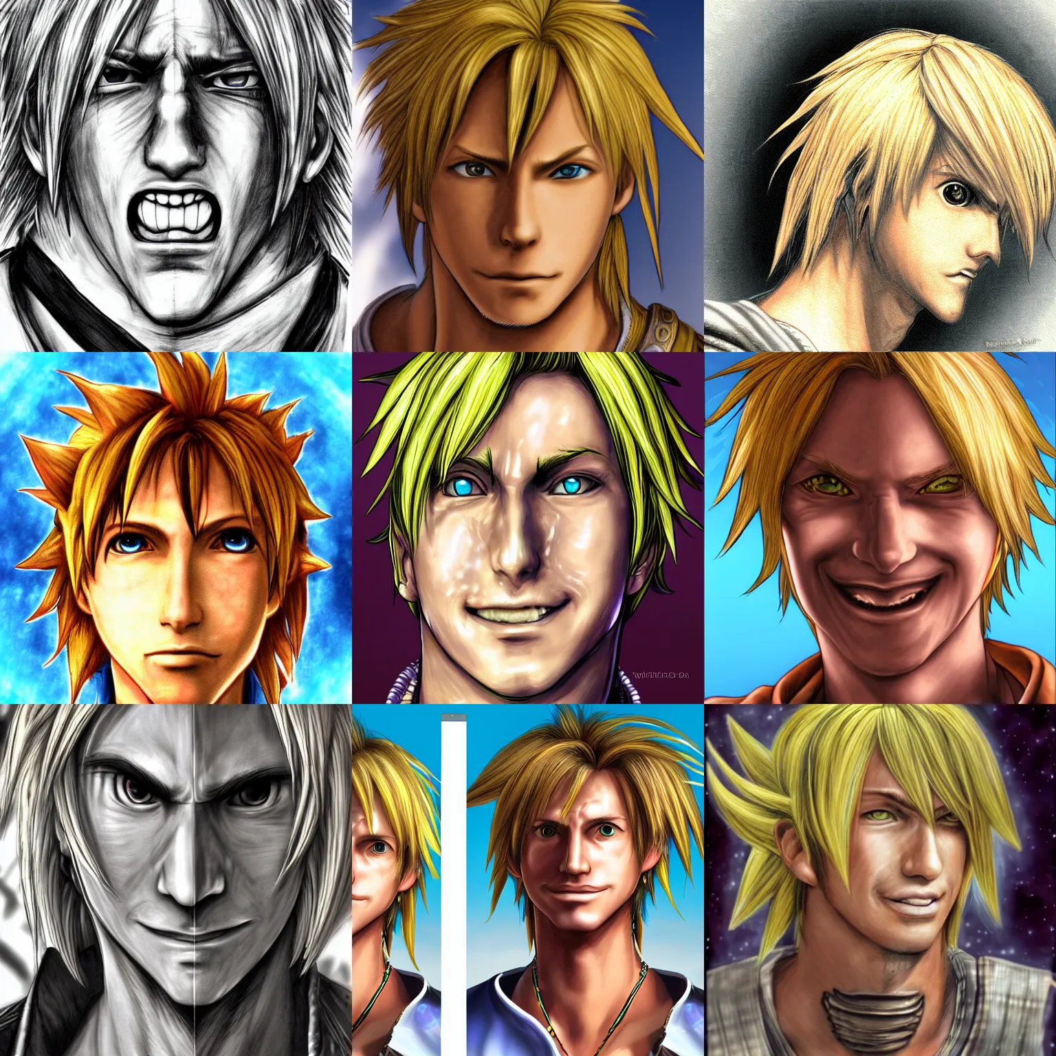 Prompt: tidus from ffx face portrait warped looking down fisheye small face smiling terrible ugly deviantart