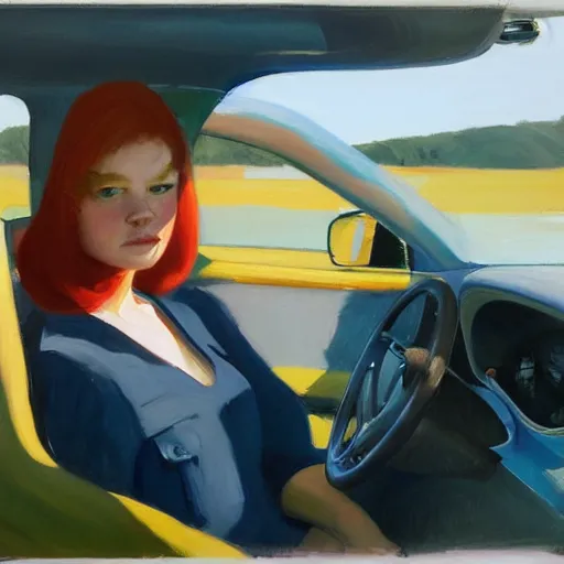 Image similar to Close-up portrait in car, dated a woman that lived on Cooterneck Road, She had a Catfish Camero and was cooler than me, by Edward Hopper, Bo Bartlett, and Cynthia Sheppard, Artstation