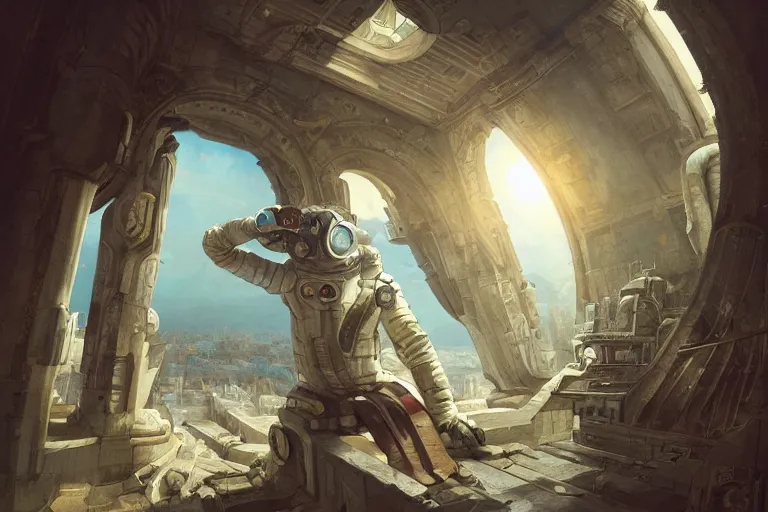 Prompt: a futuristic male astronaut looking at ancient renaissance athens through a time travel spaceship luxury window, scifi, by wlop, peter mohrbacher, jakub rebelka, visually stunning, beautiful, masterpiece