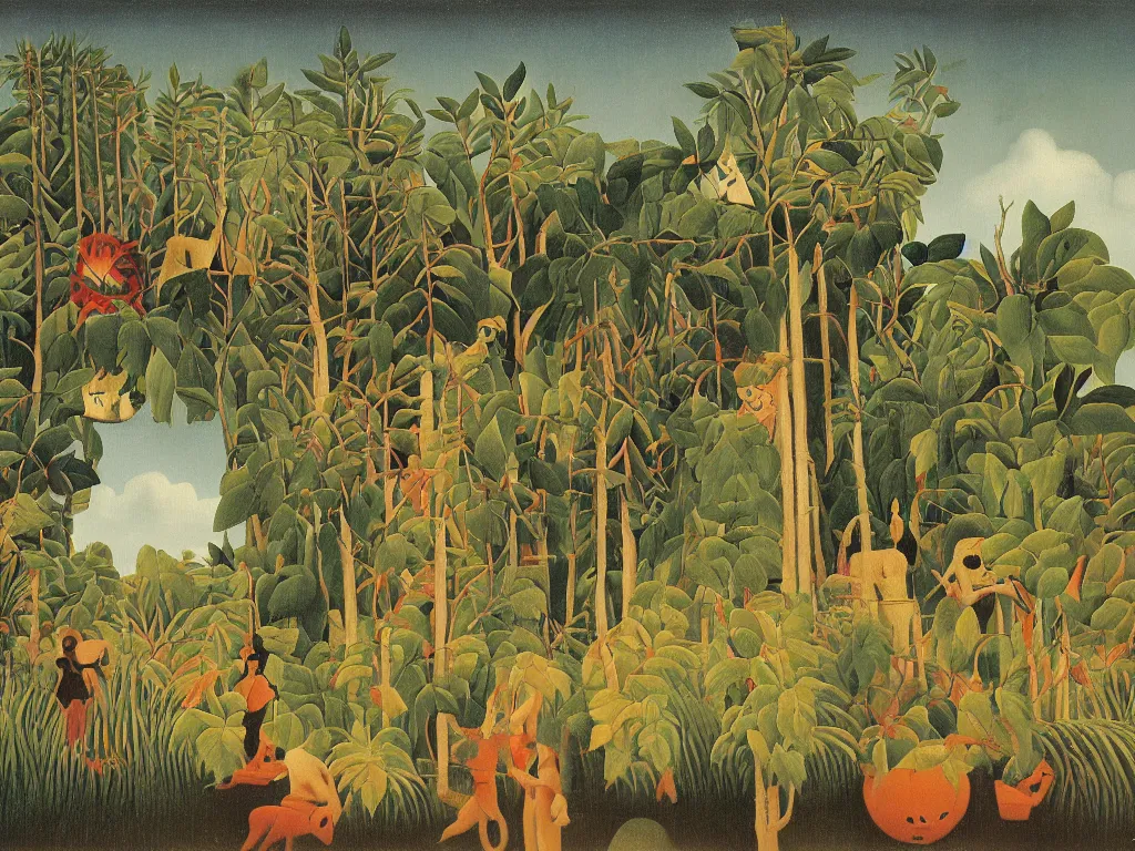 Prompt: Painting by Henri Rousseau depicting people wearing wild, tribal masks in an Icelandic sublime landscape.