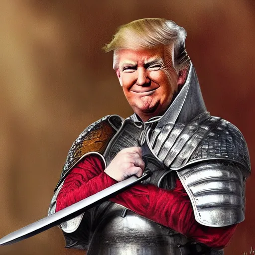 Image similar to donald trump, donald trump wearing knights armor, holding a broadsword, by hans holdein, donald trumps handsome face