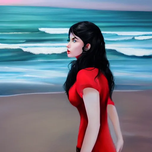 Image similar to woman with long dark black hair wearing red clothing standing by the beach, beautiful, 8k, highly detailed, realistic, artgerm, sakimichan, rutkowski, trending on artstation, perfect face, portrait, high contrast, golden light, dramatic lighting,