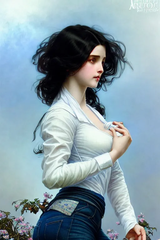 Image similar to ultra realistic, Beautiful black haired woman, Porcelain white complexion, big blue eyes, cute small lips., wearing jeans and white blouse, whip in hand, intricate details, eerie, highly detailed, octane render, 8k, art by artgerm and alphonse mucha and greg rutkowski