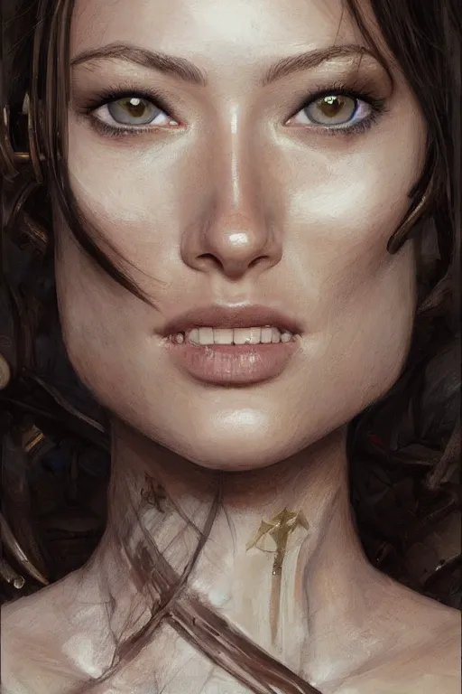 Image similar to a professional painting of a young Olivia Wilde, clothes in military armor, olive skin, long dark hair, beautiful bone structure, symmetrical facial features, intricate, elegant, digital painting, concept art, smooth, sharp focus, illustration, from StarCraft by Ruan Jia and Mandy Jurgens and Artgerm and William-Adolphe Bouguerea