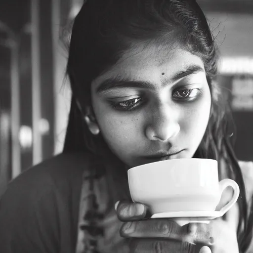 Prompt: teenage indian girl drinking a cup of tea, Cinematic, DSLR, First-Person view, Depth of Field, Full-HD, Sad, Lonely, Feng Shui, Moody Lighting, Cinematic Lighting, Studio Lighting, RTX, by Takashi Murakami