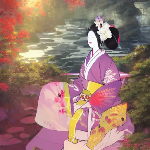 Image similar to detailed 風 景 + luminescent 背 景 + scenery artwork 厚 塗 り, artstation!! pixiv!! coloful geisha looking like billy illish in foreground!! width - 1 0 2 4