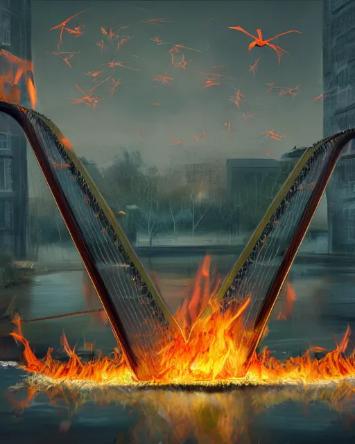 Image similar to in the lower part of the picture is the harp burning in the fire, above are cranes flying in flames, digital painting, concept art