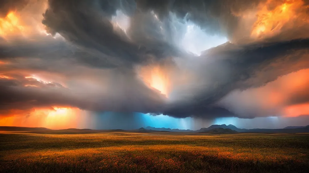 Image similar to amazing landscape photo of tornado, sunset by marc adamus, beautiful dramatic lighting