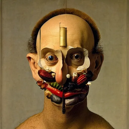 Image similar to portrait photo of a man made from everyday simple objects, Perfect face, extremely high details, realistic, by Giuseppe Arcimboldo, Edward Hopper, Rene Margitte