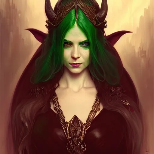 Prompt: Portrait of seductive female elven priest, D&D, green eyes, choker, long red hair, demon wings, fantasy, intricate, elegant, highly detailed, digital painting, artstation, concept art, smooth, sharp focus, illustration, art by artgerm and greg rutkowski and alphonse mucha
