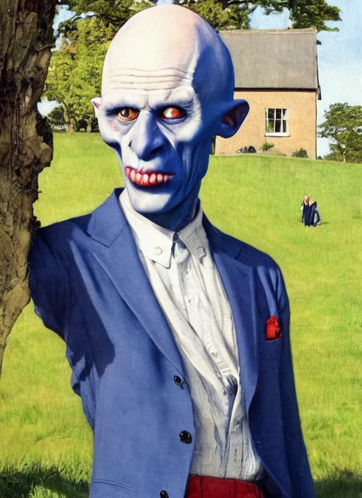 Prompt: upper body portrait of blue-faced nosferatu in a suit, english countryside in the background, sunny day, by norman rockwell and frank schoonover, photoreal, character concept art, artstation