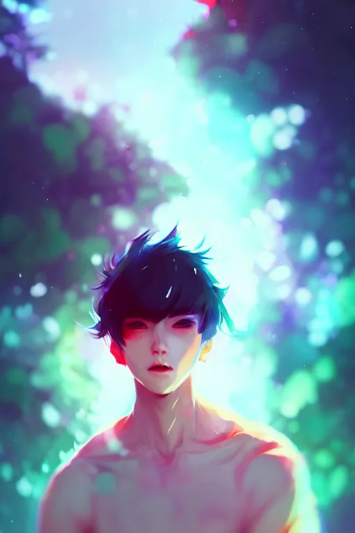 Image similar to a boy looks like meguro ren, blurred environment background, colorful magic effects, white skin, portrait, male, clothed, sharp focus, digital art, concept art, trending on artstation, dynamic lighting, by emylie boivin and rossdraws