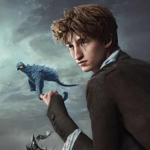 Image similar to hyperrealistic mixed media high resolution, scamander from harry potter with his creatures , stunning 3d render inspired art by István Sándorfi and Greg Rutkowski and Unreal Engine, perfect symmetry, dim volumetric lighting, 8k octane beautifully detailed render, post-processing, extremely hyper-detailed, intricate, epic composition, highly detailed attributes, highly detailed atmosphere, full body shot, cinematic lighting, masterpiece, no trending on artstation, very very detailed, masterpiece, stunning, flawless structure, lifelike texture, perfection,