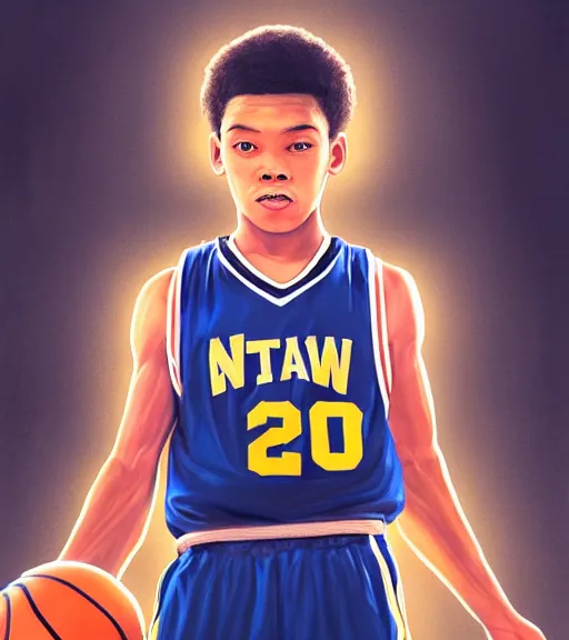 Image similar to portrait of a boy at a basketball court playing basketball wearing a basketball jersey in a basketball court standing near the basketball hoop, intense emotion, detailed facial expression, detailed surroundings, intricate, elegant, highly detailed, centered, digital painting, artstation, concept art, smooth, sharp focus, illustration, by (Steven Spielberg), WLOP