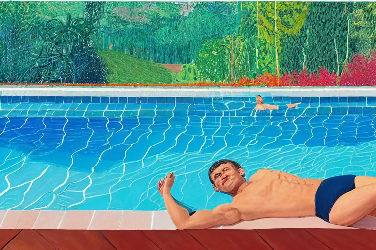 Image similar to emmanuel macron sunbathing in a swimming pool in a house in california, summer blue sky, shimmering water, lush trees and bushes garden lawn, by david hockney, peter doig, lucien freud, francis bacon, pop realism, oil on canvas