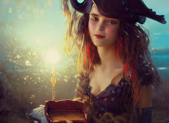 Image similar to full body picture of a pirate girl, looking at the treasure box, hard breathing, messy hair, very excited, smiling, sparkling eyes, magic and fantasy, whale monsters, beautiful and aesthetic and attractive and detailed face, specular reflection, occlusion shadow, intricate, bokeh, masterpiece, by ilya kuvshinov and jeremy lipking and quentin mabille