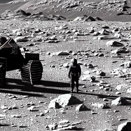 Image similar to zod from superman 2 inspecting the nasa robot curiosity on planet mars