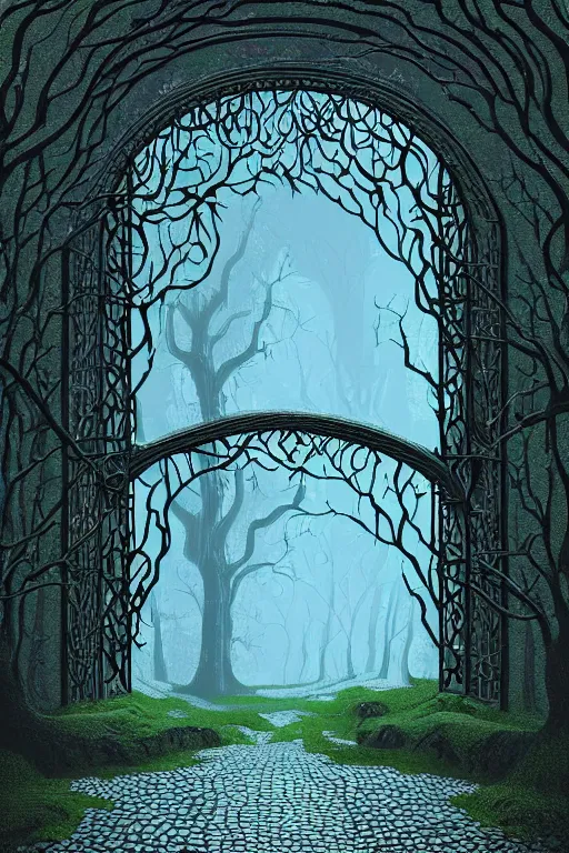 Prompt: beautiful digital painting high quality heavy iron gothic gate in the woods cobblestone ground by Eyvind Earle , ,artstation behance