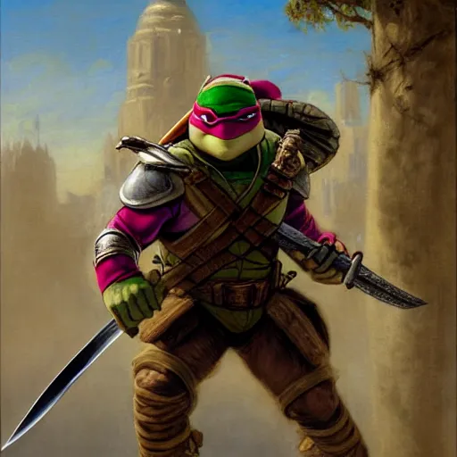 Image similar to a teenage mutant ninja turtle as a d & d style fighter with a sword and shield, highly detailed painting by gaston bussiere, craig mullins, j. c. leyendecker, 8 k