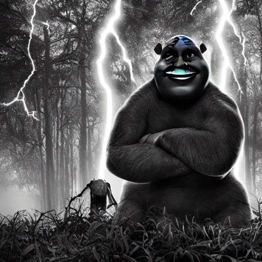 Prompt: security camera of mutant shrek in dark forest, black and white, dramatic lightning, high detailed, photorealism