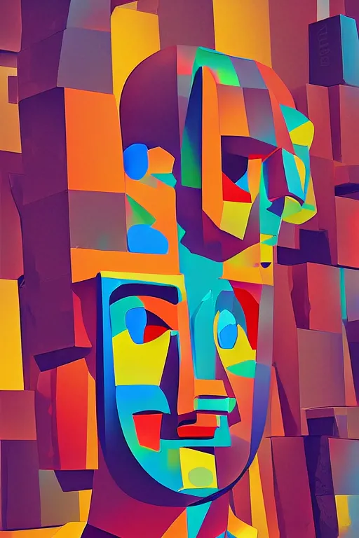 Image similar to cubist moai statue cutout digital illustration cartoon colorful beeple