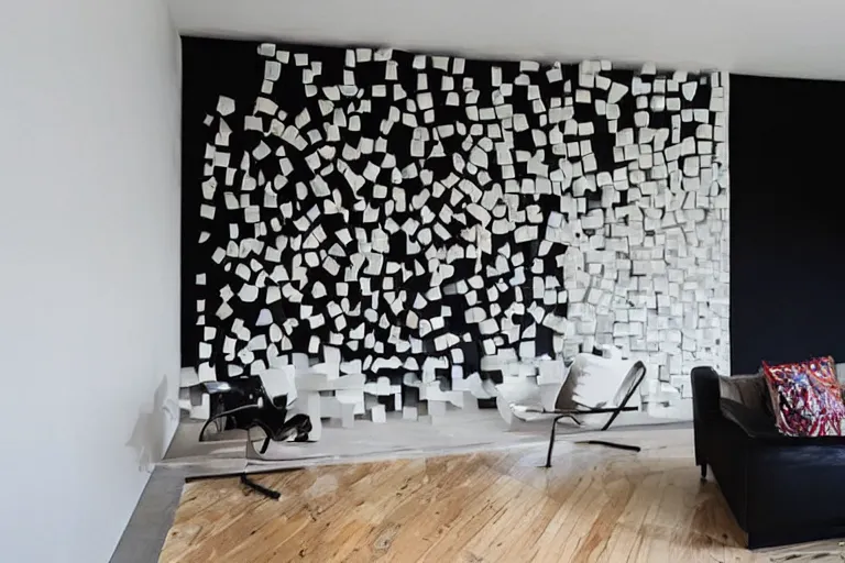 Image similar to “award-winning interior sculpture in an Australian artist’s apartment, black walls”