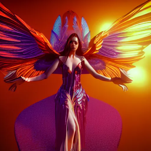 Image similar to a beautiful orchid phoenix angel woman, in an ornamented dress with large wings, octane, unreal engine, volumetric light, god rays, 8 k high resolution, rubies