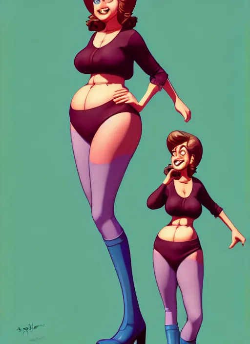 Image similar to the protagonist's mother, jolly, zaftig figure, plump, 1 9 8 0 s fashion tastes, artgerm, artstation trending, archie comics and don bluth animation, quixel megascan, digital 2 d, painterly style, flat illustration, high contrast