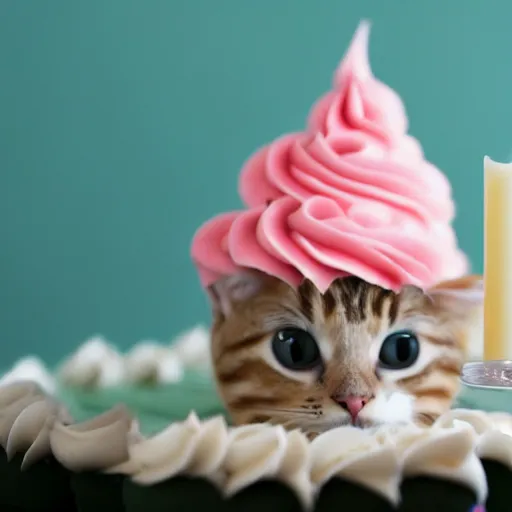 Image similar to a cute cat blowing out a candle on a cupcake
