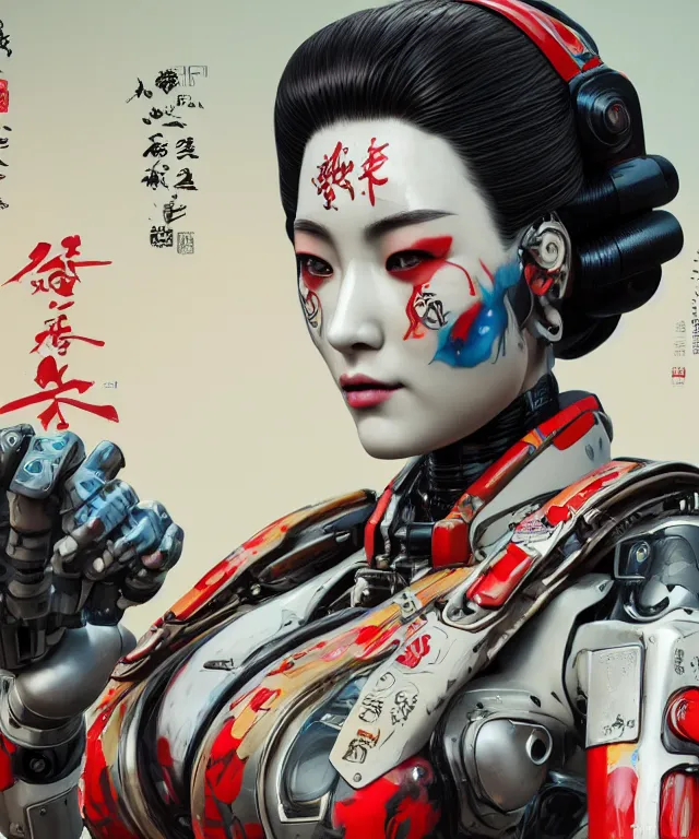 Image similar to an epic fantastic realism comic book style portrait painting of a japanese robotic geisha with kanji tattoos and decals, apex legends, octane render, intricate detail, 4 k hd, unreal engine 5, ex machina, irobot