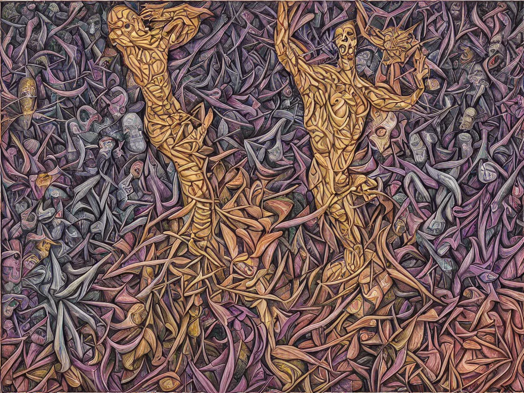 Image similar to expression of mind-matter interaction through death by Alex Grey and M. C. Escher collaboration, digital painting, Groundcore