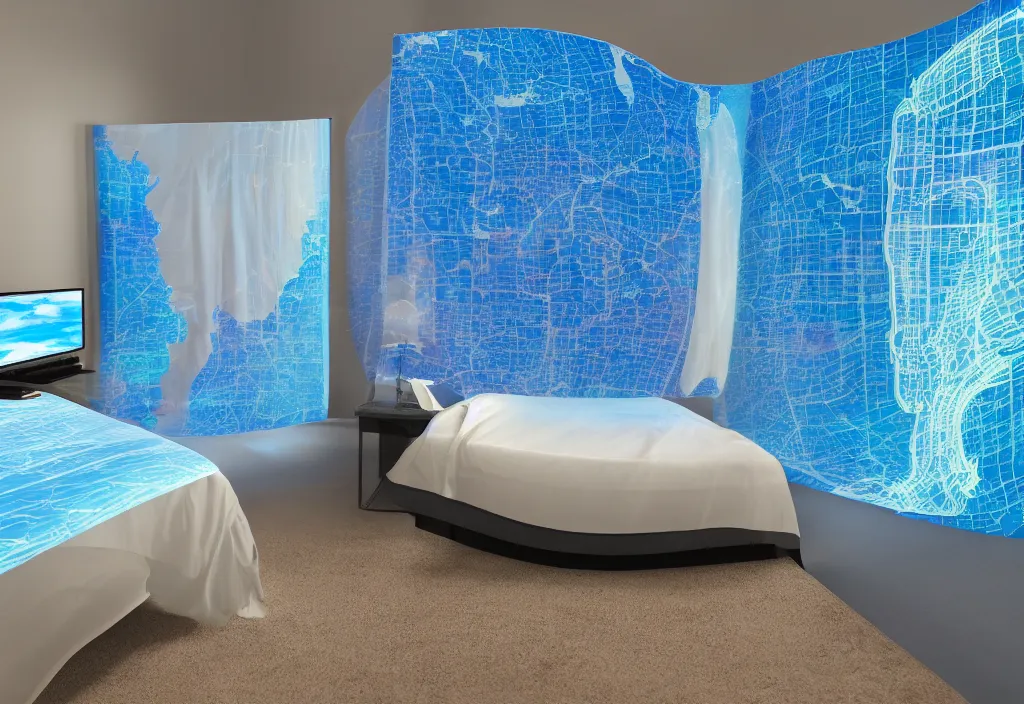 Image similar to curved translucent bedsheets projecting detailed florida weathermap, pixel perfect photograph, high contrast, volumetric lighting, thin glowing lights, bedroom, visor, users, pair of keycards on table