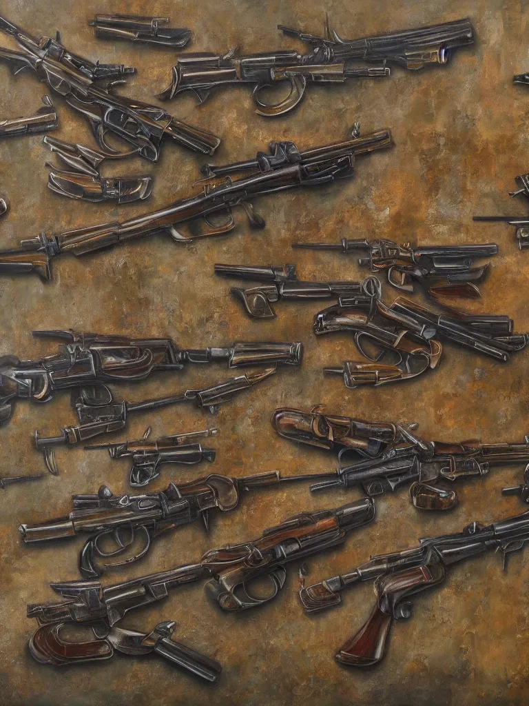 Image similar to detailed oil painting of machine guns shotguns rifles revolvers bullets on a wall, ultrarealistic, intricate details, 4k