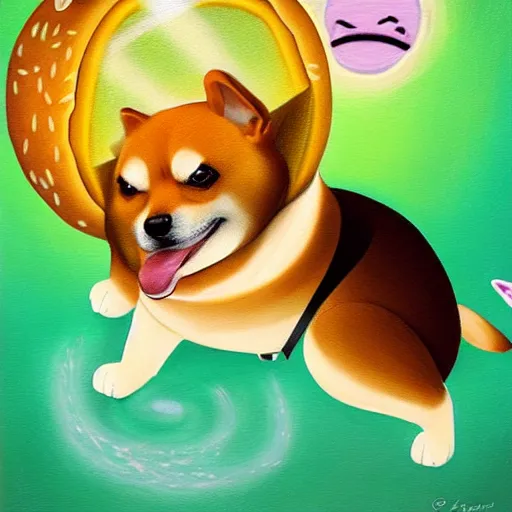 Image similar to a shiba inu dog inside a magical hamburger revealing your fate, oil painting