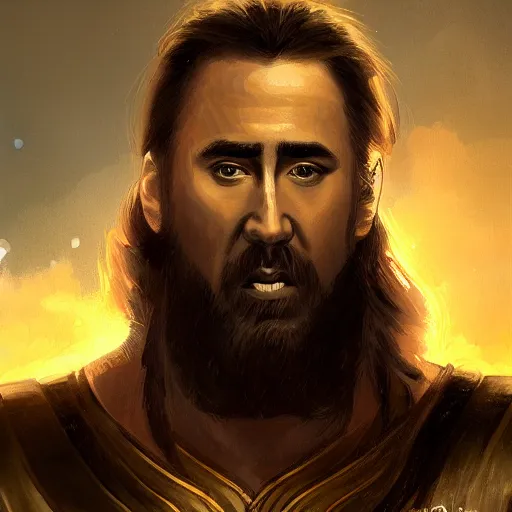 Prompt: a beautiful Norse Warrior based on Nicolas Cage with glowing aura by Greg Rutkowski and Raymond Swanland, Trending on Artstation, cloudy background, ultra realistic digital art