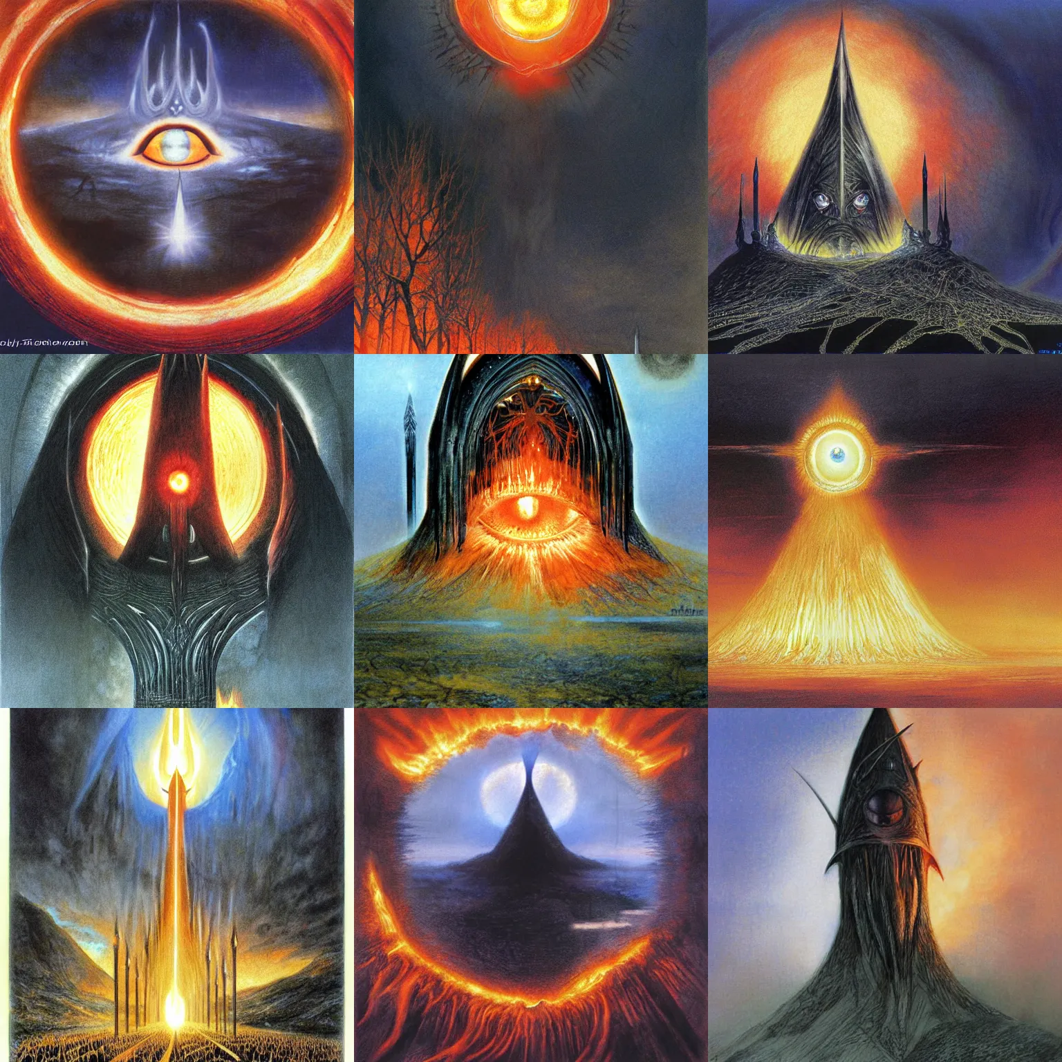 Prompt: the eye of sauron - wreathed in flame, by alan lee, digital art, lord of the rings calendar